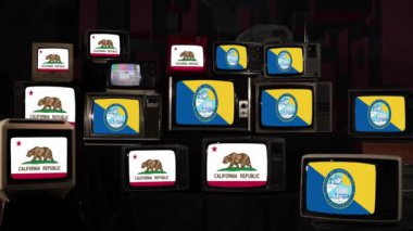 Santa Ana bayrağı ve California bayrağı Retro Televizyonlarda. 4K Çözünürlüğü.