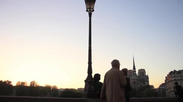 Vrouw Zoek Naar Kathedraal Van Notre Dame Paris Bij Zonsondergang — Stockvideo