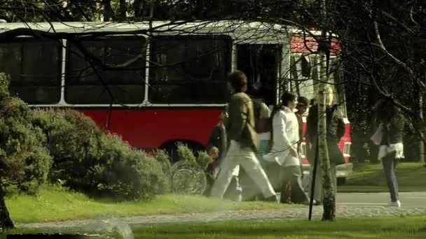 Estudantes Ensino Fundamental Ônibus Escolar Vermelho Branco Durante Uma Excursão — Vídeo de Stock
