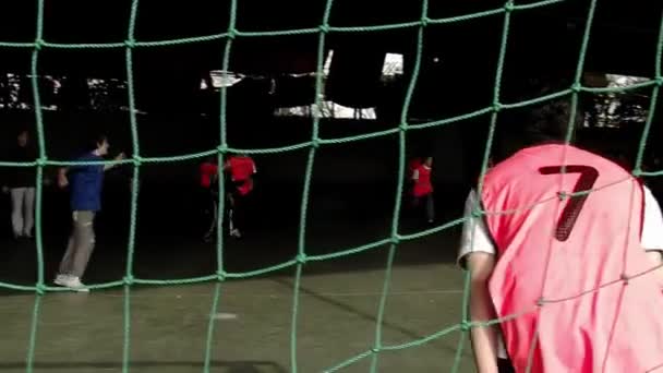 Junger Torwart Beobachtet Das Fußballspiel Bei Seinem Fußballtor Auf Einem — Stockvideo