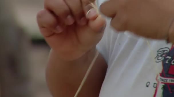 Χέρια Μιας Νεαρής Γυναίκας Που Κρατάει Μεγάλη Βελόνα Ραψίματος Και — Αρχείο Βίντεο