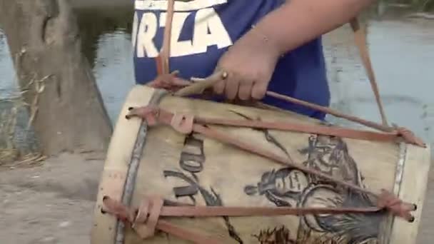 Young Boy Typical Bombo Leguero Bass Drum Made Wood Animal — Stock Video