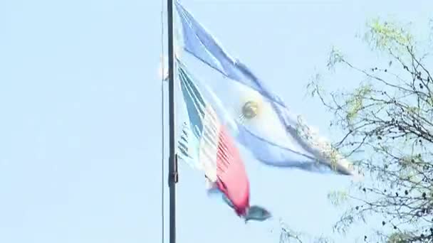 Flaga Argentyny Flaga Prowincji Santiago Del Estero Przeciwko Błękitnemu Niebu — Wideo stockowe