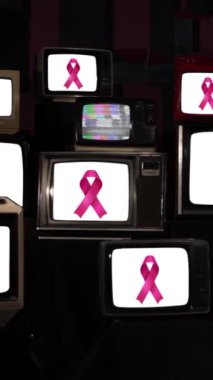 Göğüs Kanseri Farkındalığı Pembe Kurdelesi Retro TV 'lerde gösterildi - Dikey 4K Çözünürlük