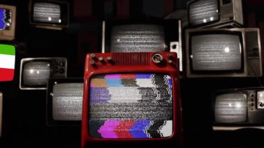 Retro TV ekranlarında Ekvator Ginesi bayrağı. 4K Çözünürlüğü.