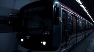 Çek Cumhuriyeti 'ndeki Prag metro istasyonuna metro treni yanaştı. 4K Çözünürlüğü.