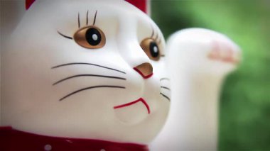 Japon Şanslı Kedisi, Maneki-neko, Pençesini sallıyor. Yakın çekim. 4K Çözünürlüğü.