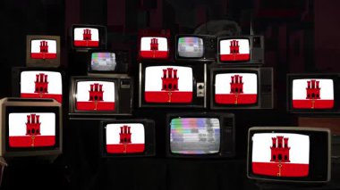 Cebelitarık ve Vintage Televizyon bayrağı. 4K Çözünürlüğü.