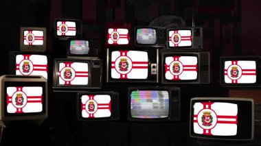 Vintage Televisions Stack 'te Sao Paulo bayrağı. 4K Çözünürlüğü.
