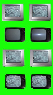 Yeşil Arkaplanda Parlak Mavi Ekranla Güç Veren Retro TV 'ler - Dikey 4K