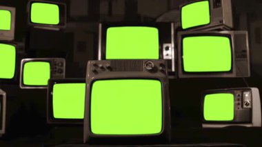 Yığınlanmış Retro TV 'ler Yeşil Ekranlarından Eş zamanlı Güç, Sepia Tone, Otantik% 100 Gerçek Görüntüler, AI-4K değil