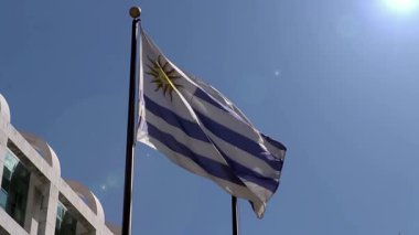 Uruguayan Flag Waving in Front of The Executive Tower, Montevideo, Close Up - 4K