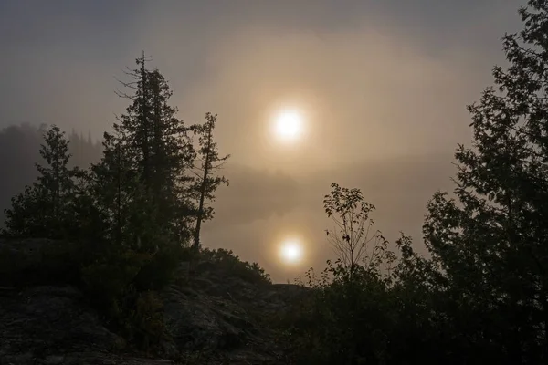Sabah Güneş Yansımaları Siluetler Minnesota Sınır Suları Kanosundaki Jenny Gölü — Stok fotoğraf