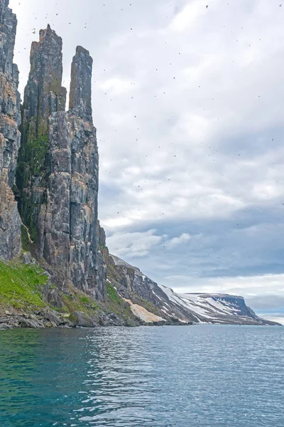 Svalbard Adaları 'ndaki Arktik bir sahil şeridinde Alkefjelletof' un yükselen Dolomite Tepeleri