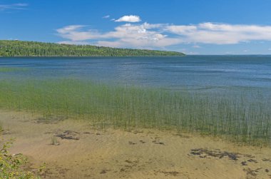 Saskatchchewan 'daki Prince Albert Ulusal Parkı' nda Waskesiu Gölü 'ndeki North Woods Gölü kıyısında.