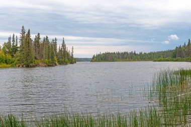Sessiz Göl Uzak Kuzeyde Bulutlu bir günde Manitoba 'daki Beyazbalık Gölü' nde