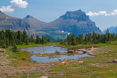 Arka planında dramatik dağları olan Alp Pond. Montana 'daki Buzul Ulusal Parkı' nda Logan Geçidi yakınlarında.