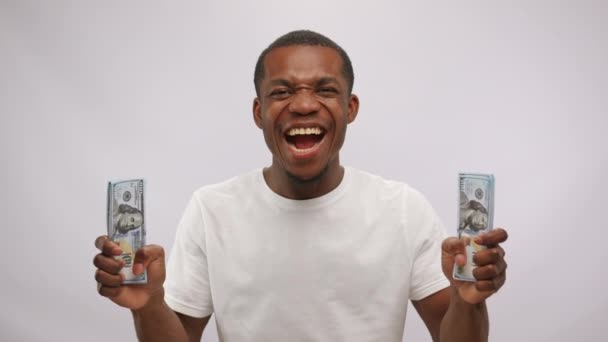 Excited Laughing Rich African American Man Wads Cash Hands Shouting — Αρχείο Βίντεο