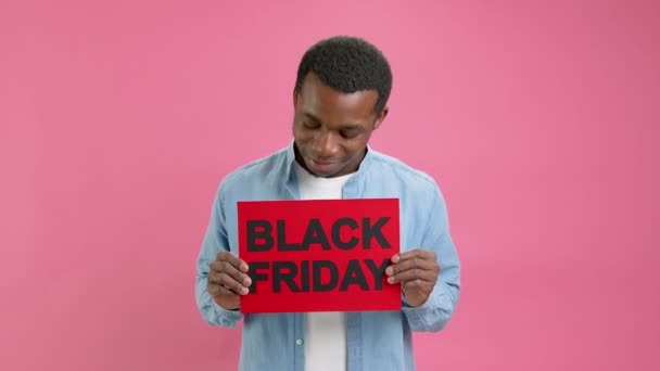 Portrait Happy African American Denim Shirt Raises Banner Inscription Black — Vídeos de Stock