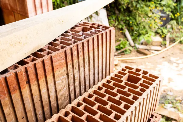 stock image Close-up view of concrete blocks ready to be used for building a house wall