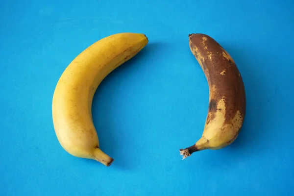 New and old  bananas on blue background, fresh vs ripe concept, rotten and fresh bananas, closeup