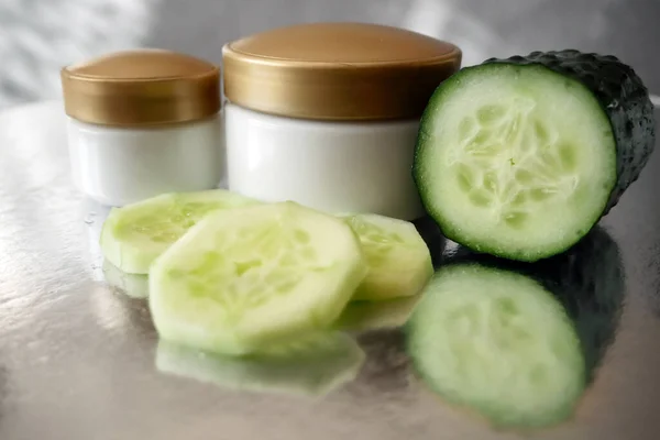 Cucumber Cosmetic Cream Face Hand Wooden Background Skin Body Care — Stock Photo, Image