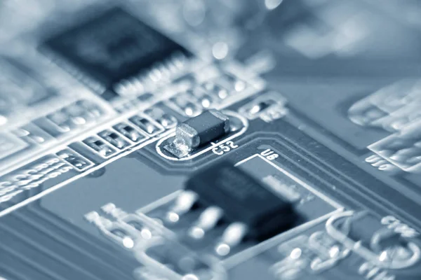 Chip Computador Placa Mãe Placa Circuito Futurista Com Elétrons Macro — Fotografia de Stock