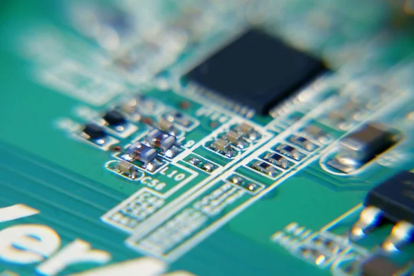 Computer Chip Motherboard Futuristic Circuit Board Electrons Macro — Stock Photo, Image