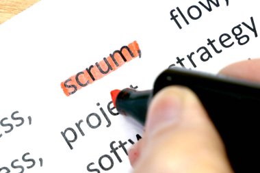 Beyaz kağıda basılmış kelimelerin yanında kelime karmaşası da var. Proje metodolojisi ve geliştirme ekibi iş akışı kavramı. Yakın çekim.