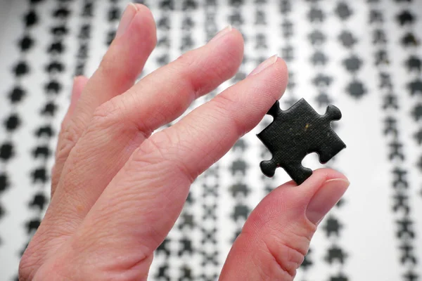 Hand Holding One Puzzle Many Sorting Color Shape Background Method — Stock Photo, Image