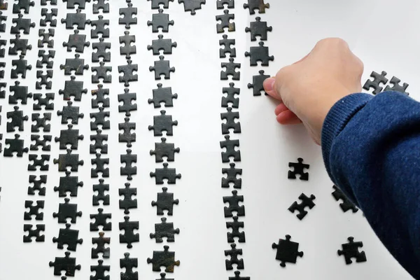 Hand Holding One Puzzle Many Sorting Color Shape Background Method — Stock Photo, Image