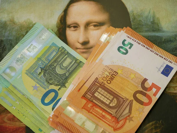 Sacco Soldi Euro Sullo Sfondo Vecchio Dipinto Mona Liza Gioconda — Foto Stock