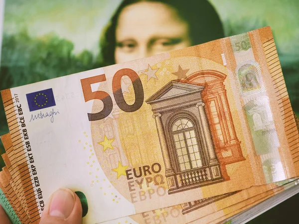 Lot Euro Money Background Old Painting Mona Liza Gioconda Leonardo — Stock Photo, Image