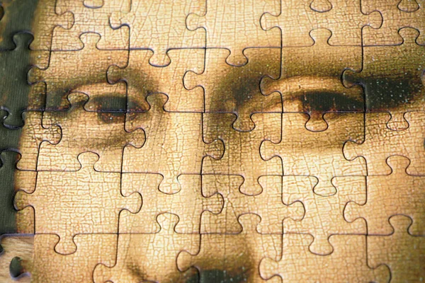 Jigsaw Puzzle Female Face Mona Liza Gioconda Leonardo Vinci Ancient — Stock Photo, Image