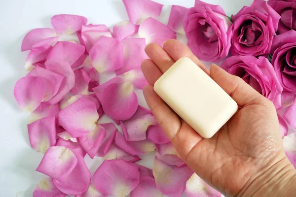 Organic Soap Bar Hand Roses Petal White Background Oil Rose — Stock Photo, Image