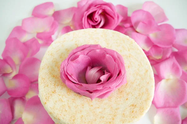 Toalettpapper Och Rosa Ros Blommor Med Kronblad Vit Bakgrund Toalettpapper — Stockfoto