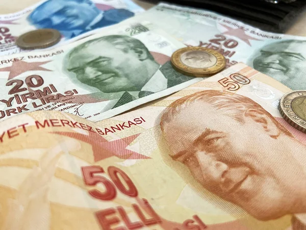 stock image Many Turkish Lira Banknotes with coins on wooden desk. money banknotes pack. Closeup