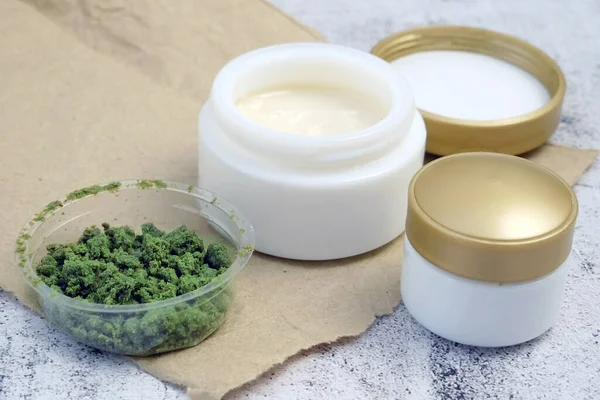 Cannabis Cosmetic Hemp Cream Dose Cannabis Leaf Symbol Blank Wooden — Stock Photo, Image