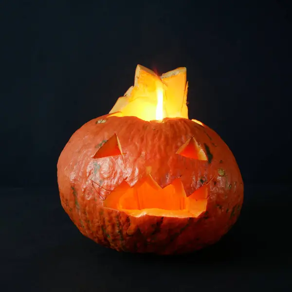 Glowing Jack Lantern Halloween Pumpkin Evil Face Eyes Isolated Black — Stock Photo, Image