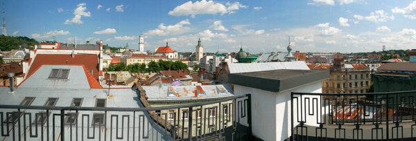 Aerial view of the Old Town of Lviv in sunny day, Ukraine, Top view of the Cathedral, outdoors