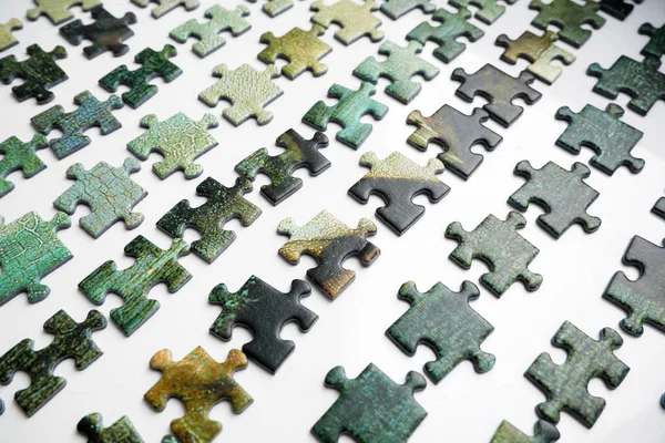 Lot Puzzles Laid Out Both Color Shape Method Collecting Puzzles — Stock Photo, Image