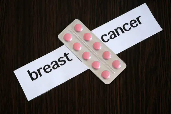 Pills Blister Two Pieces Paper Text Breast Cancer Black Wooden — Stock Photo, Image