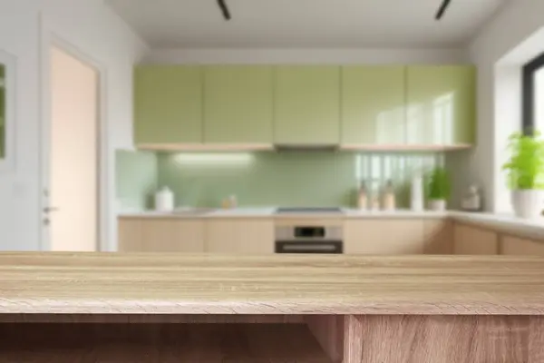 ブレイクモダンなインテリア 空の木製テーブルトップ ブルーボケモダンなキッチンの背景 製品のモンタージュ クローズアップのための準備ができている製品ディスプレイのためのキッチンテーブルトップ — ストック写真