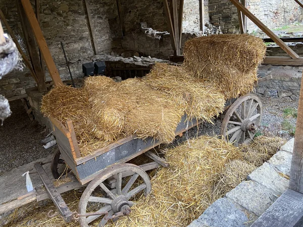 Old fashioned cart with bamboo and straw brooms staying in ban, old Khotyn hay cart, indoors