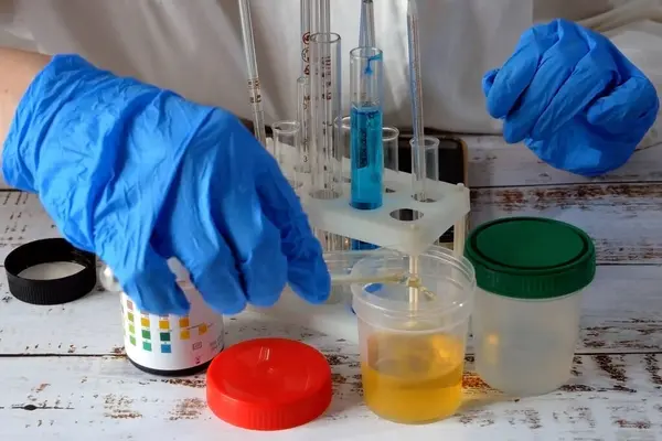 Medical laboratory assistant taking test tube with liquids, test with urine, Scientist doctor looking at sample in test tube. Laboratory analysis. Closeup