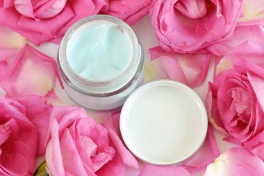 Lüks kozmetik krem kullanan kadın elleri, beyaz arka planda gül ve taç yaprakları olan krem ürün tüpü. El ve çivi için yumuşak krem Üst görünüm