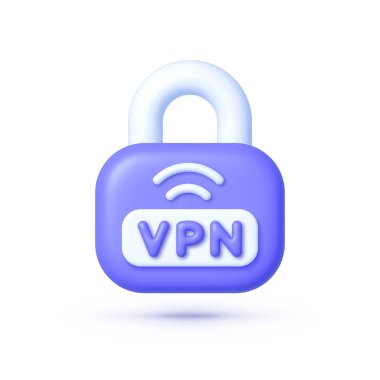 Beyaz arkaplanda VPN simgesi 3 boyutlu olarak izole edildi. Web tasarımı için VPn simgesine sahip simge. Güvenlik kavramı. 3D güvenli simge. İnternet ağı konsepti. Vektör illüstrasyonu.