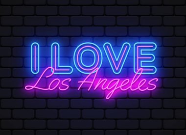 Işıklı arka planda Los Angeles neon şehriyle Retro Line sanat illüstrasyonu. İzole vektör çizimi. Moda tarzı. Klasik tasarım. Vektör sanatı illüstrasyonu.