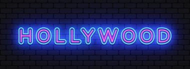 Siyah arka planda Hollywood Neon posteri. Retro Hollywood neonu, her amaç için harika bir tasarım. Vektör sanatı illüstrasyonu.