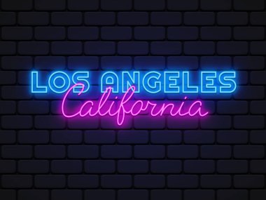 Los Angeles City neonu, Amerikan tarzında aydınlık arka planda. Tasarım elemanı. Vektör grafik illüstrasyonu.